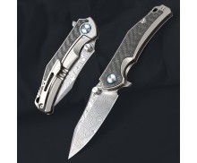 PMC27 Powder Damascus Steel Blade Titanium Handle Quick-Open Folding Knife UD408798
